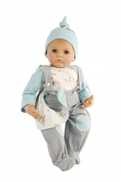 Puppe Peterle 52 cm mit Malhaar, blauen Schlafaugen, Kleidung grau/mint/weiss