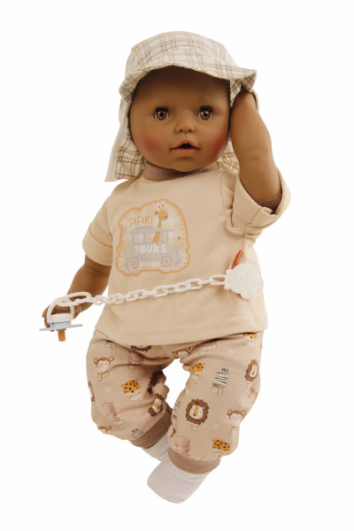 Baby schwarz Amy 45 cm mit Schnuller, Malhaar, braune Schlafaugen, Safari