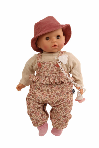 Baby Amy 45 cm mit Schnuller, Malhaar, braune Schlafaugen, Kleidung Blümchen