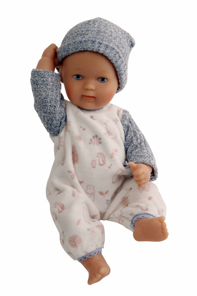 Puppe Mein 1. Baby 28 cm mit Malhaar und blauen Malaugen, Overall blau/weiss