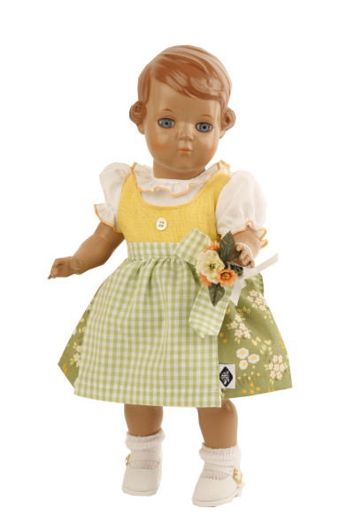 Puppe Inge 34 cm braune Malhaare, blaue Augen, Dirndl gelb/grün