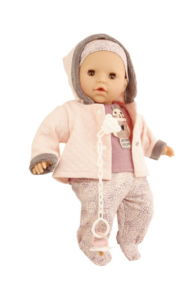 Schildkröt Manufaktur Baby Amy 45 cm mit Schnuller, Malhaar, braune Schlafaugen, Kleidung winterlich